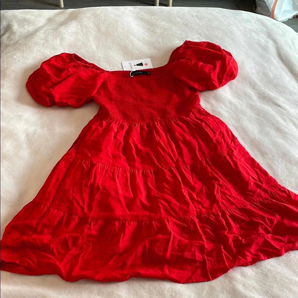 Red Puff Sleeve Dress with Pockets! - Picture 5 of 6